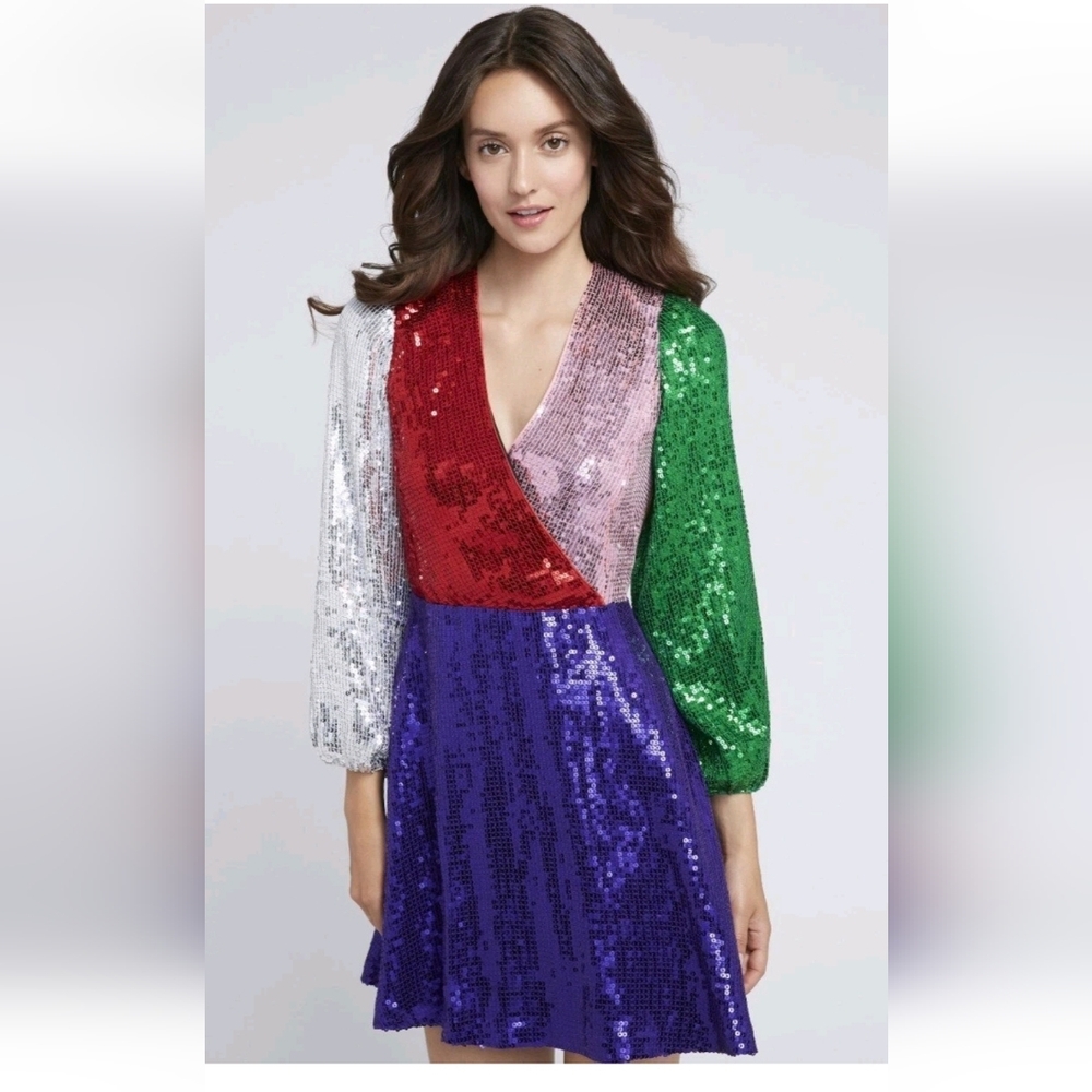 Alice + Olivia Blaze Sequin Color Block Mini Dress Size 6 NWT $ 440 - Picture 4 of 16